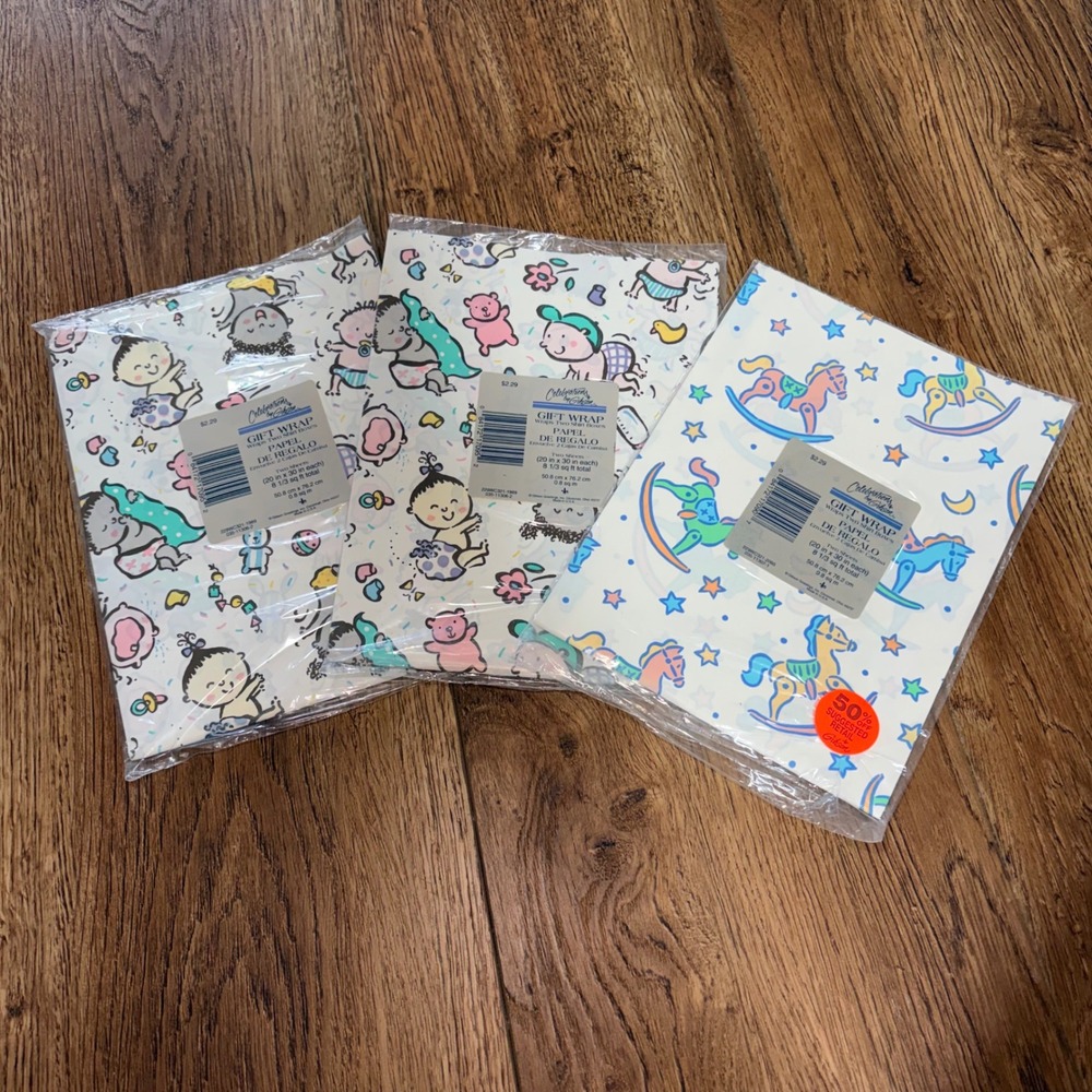 Vintage Gibson Greetings Baby Shower Gift Wrap Lot‎ 3 Packs Rocking Horse Party
